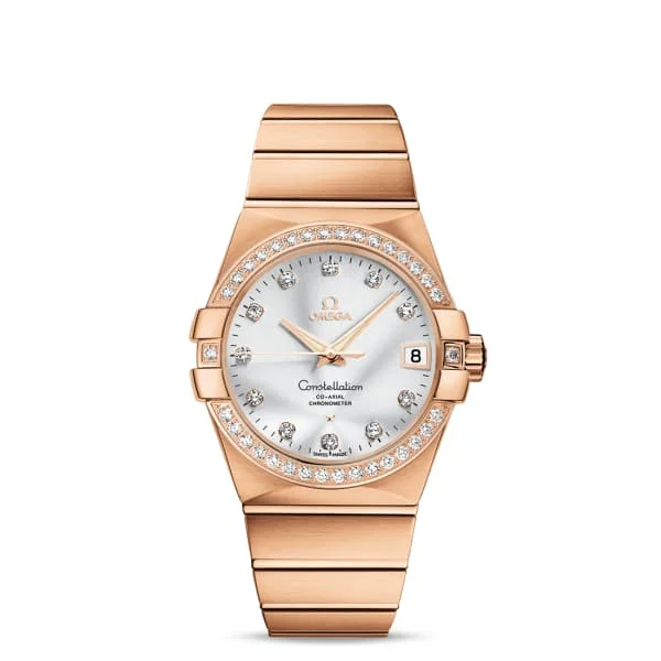 Find Your Ideal Omega Watch Today –Omega Constellation 38mm Watch - Ref: 123.55.38.21.52.001 - Silver Diamond Index Dial & Diamond Bezel, 18K Rose Gold Bracelet