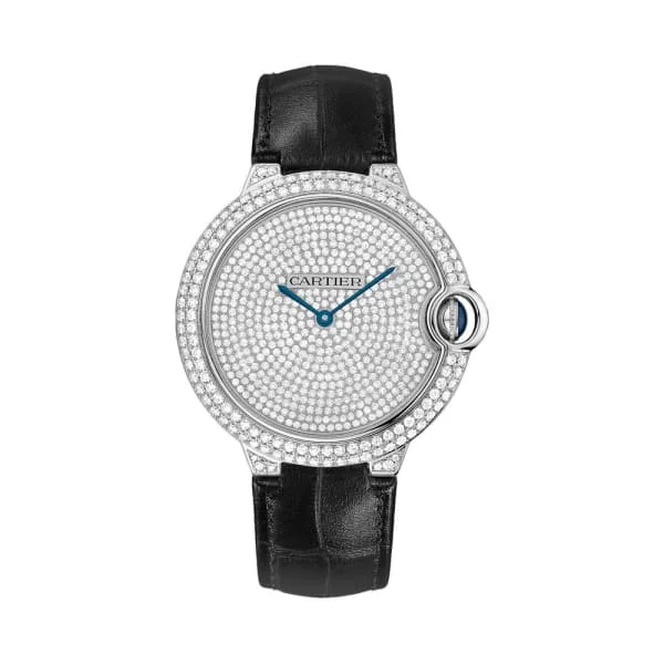 Cartier Watches: Built for Timeless Style –Cartier Ballon Bleu de Cartier 42mm Watch - Ref: WE902049 - Pave Diamond Dial & Diamond Bezel in 18K White Gold Case, Black Leather Strap