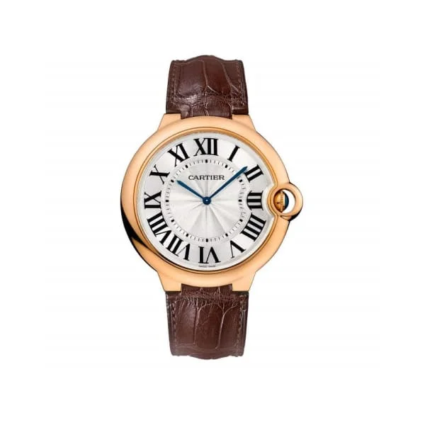 Explore Cartier Watches for Ultimate Prestige –Cartier Ballon Bleu de Cartier 46mm Watch - Ref: W6920054 - Silver Roman Dial in 18K Rose Gold Case, Brown Alligator Strap