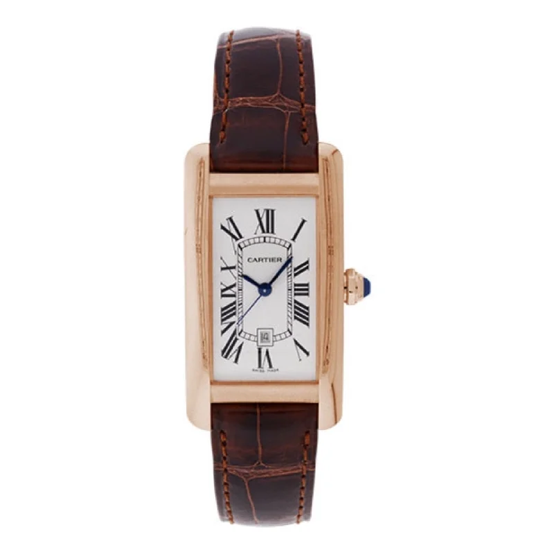 Shop Cartier Watches for Timeless Value –Cartier Tank Americaine 41.6mm Watch - Ref: W2620030 - Silver Roman Dial in 18K Rose Gold Case, Brown Alligator Strap