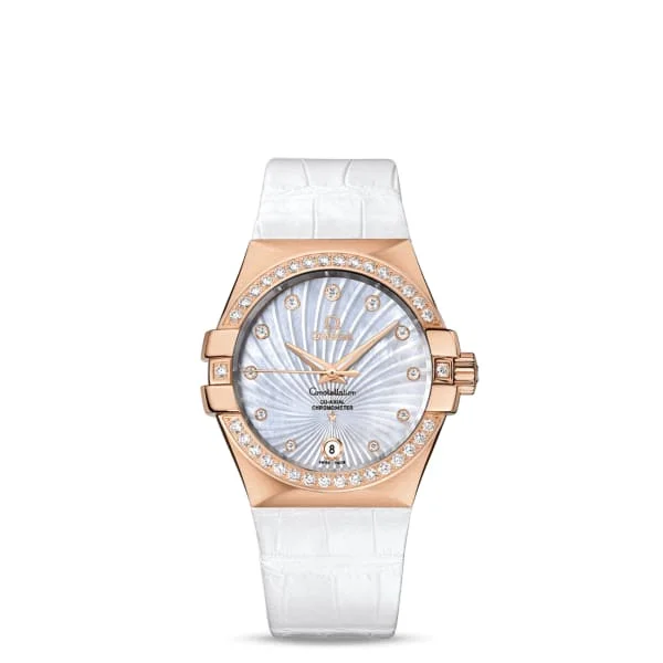 Find Exclusive Omega Watches for Sale –Omega Constellation 35mm Watch - Ref: 123.58.35.20.55.003 - White Mother of Pearl Diamond Index Dial & Diamond Bezel in 18K Rose Gold Case, White Alligator Strap