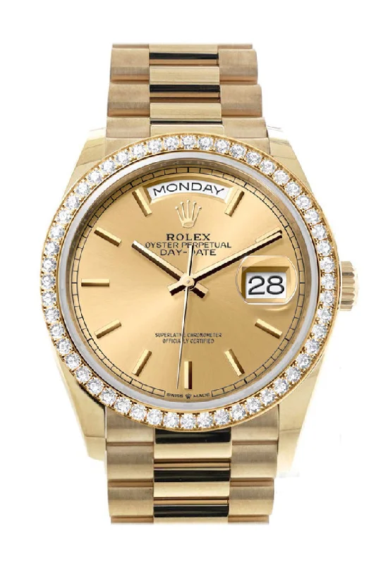 Buy Rolex Watches with Confidence –Rolex Day-Date 36 Champagne Dial Gold Diamond Bezel Watch 128348RBR-0026 128348RBR