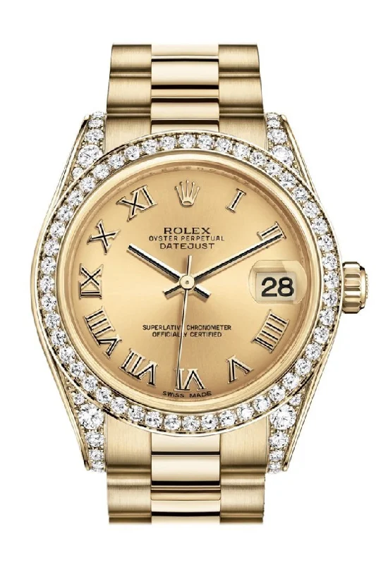 Shop Rolex Watches with Timeless Appeal –Rolex Datejust 31 Champagne Roman Dial Diamond Bezel Lug 18K Yellow Gold President Ladies Watch 178158 Pre-owned