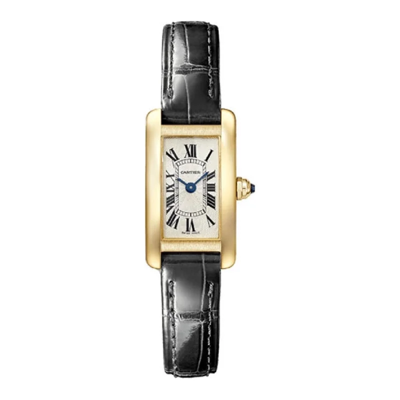 Discover Iconic Cartier Timepieces –Cartier Tank Americaine 27mm Women's watch - Ref: WGTA0038 - Silver Roman Dial in 18K Yellow Gold Case, Black Leather Strap