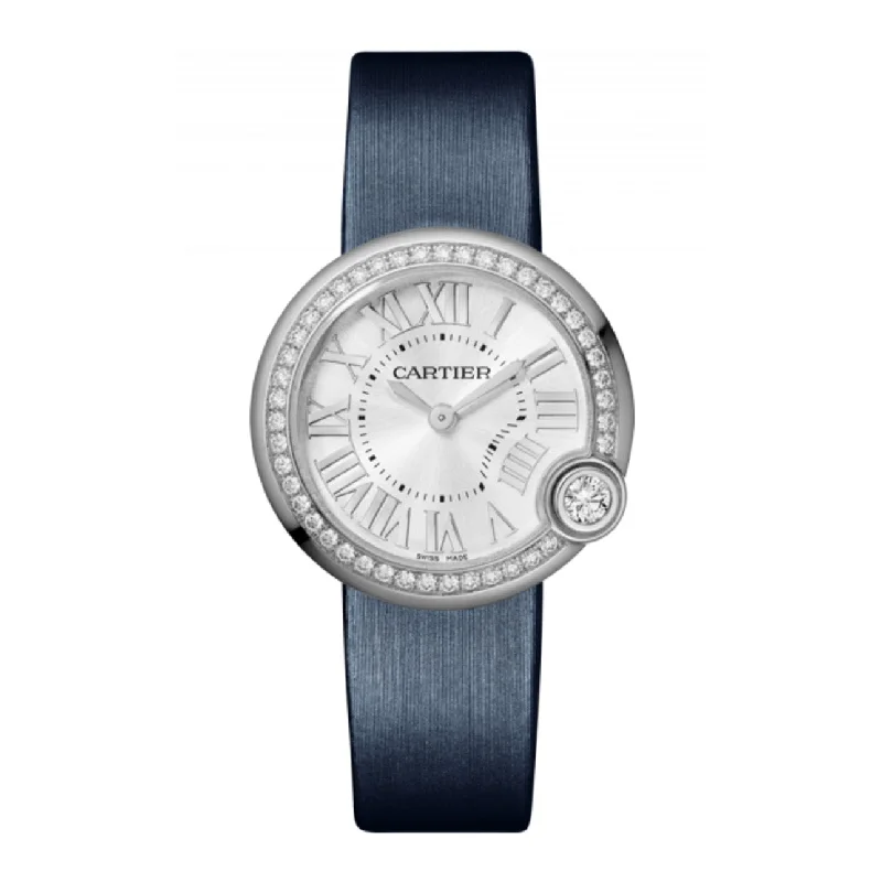 Cartier Watches: The Epitome of Swiss Excellence –Cartier Ballon Blanc de Cartier 30mm Women's watch - Ref: W4BL0003 - Silver Roman Dial & Diamond Bezel in Stainless Steel Case Blue Leather Strap