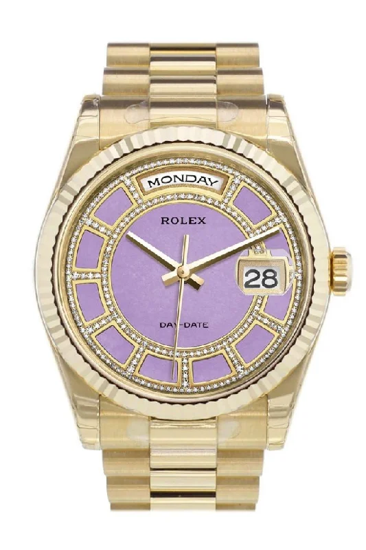 Shop for Rolex Watches with Confidence –Rolex Day-Date 36 Carousel of lavender jade Dial Fluted Bezel President Yellow Gold Watch 118238