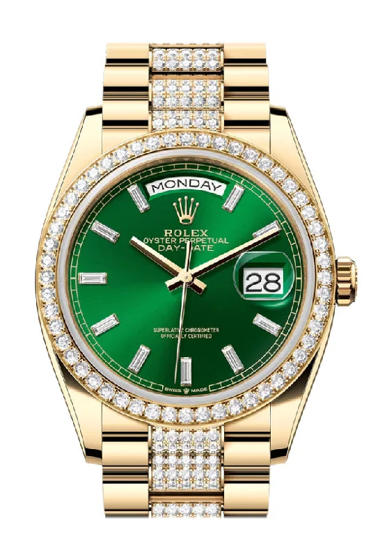 Shop Rolex Watches for Every Lifestyle –Rolex Day Date 36mm Bright Green Diamond Set Dial Diamond Bezel Yellow Gold President Diamond Bracelet 128348RBR