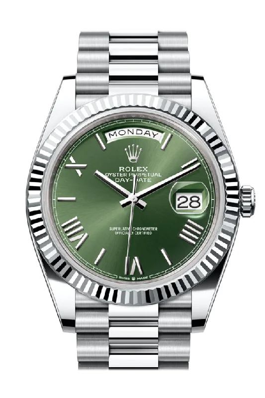 Rolex Watches for Women –Rolex Day-Date 40 Olive Green Dial Fluted Bezel Platinum President Men's Watch 228236