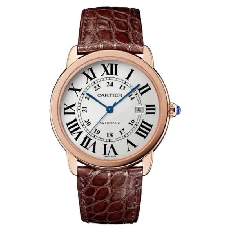 Cartier Watches: Timeless Beauty and Craftsmanship –Cartier Ronde Solo de Cartier 42mm Watch - Ref: W6701009 - Silver Roman & Arabic Dial in 18K Rose Gold Case, Brown Alligator Strap