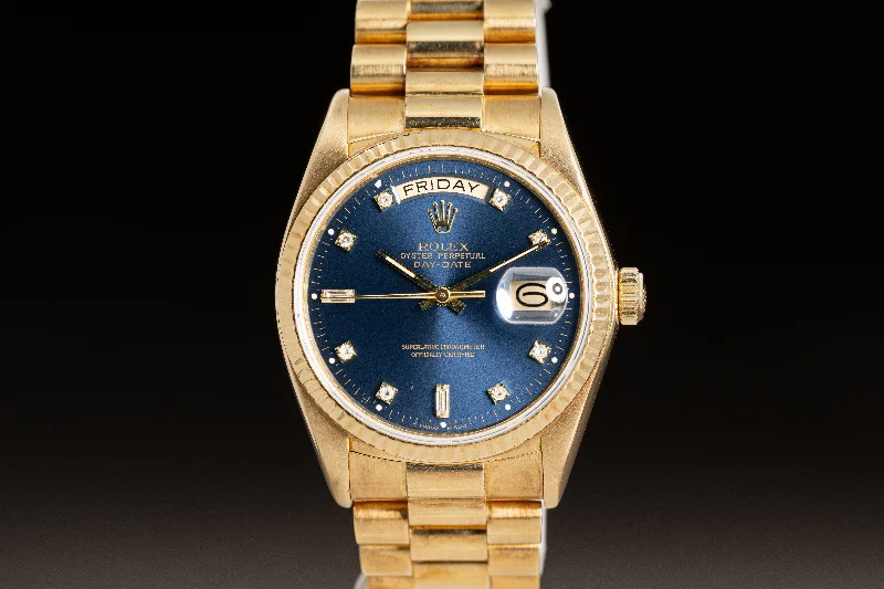 Discover Rolex Watches That Reflect Your Style –1980 Rolex 18038 Day-Date Blue Dial w/ Baguette & Round Diamond Markers