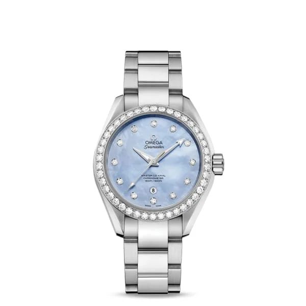 Shop Omega Watches for Unmatched Quality –Omega Seamaster 34mm Watch - Ref: 231.15.34.20.57.002 - Blue Mother of Pearl Diamond Index Dial & Diamond Bezel, Stainless Steel Bracelet