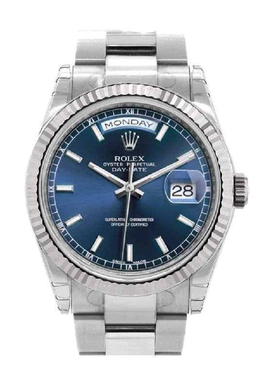 Shop Rolex Watches for Iconic Designs –Rolex Day-Date 36 Blue Dial Fluted Bezel Oyster White Gold Watch 118239