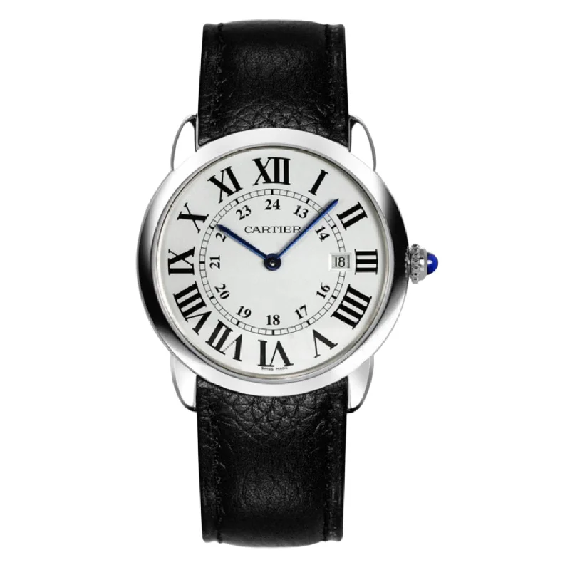 Cartier Watches: Designed for the Discerning –Cartier Ronde Solo de Cartier 36mm Watch - Ref: WSRN0029 - Silver Roman & Arabic Dial, Black Calfskin Strap