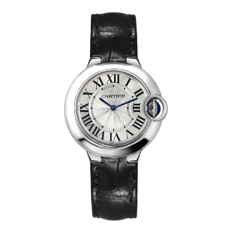 Shop Cartier Watches for Luxury and Performance –Cartier Ballon Blanc de Cartier 33mm Watch - Ref: WSBB0034 - Silver Roman Dial, Black Alligator Strap