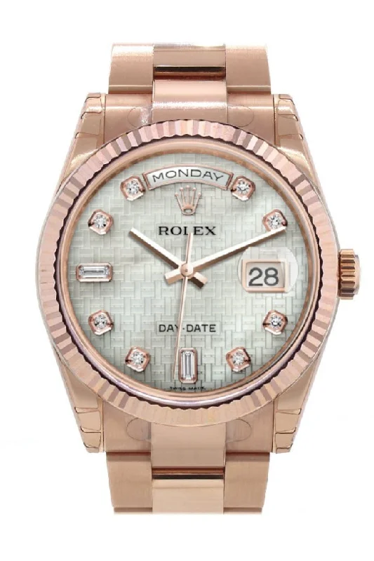 Rolex Watches for the Luxury Collector –Rolex Day-Date 36 White mother-of-pearl with oxford motif set with diamonds Dial Fluted Bezel Oyster Everose Gold Watch 118235