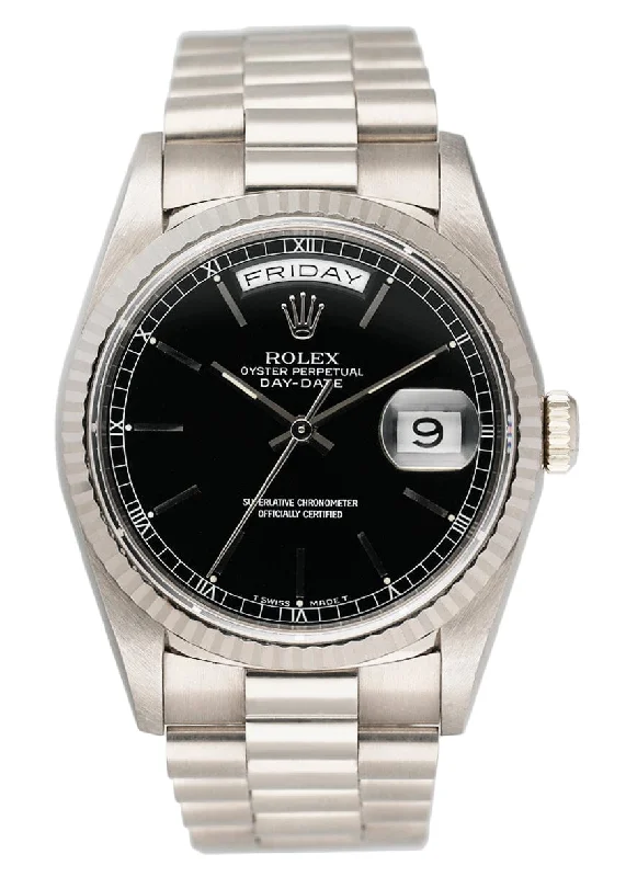 Shop Rolex Watches for Rare and Exclusive Timepieces –Rolex Day-Date 18239 Black Dial 18K White Gold Mens Watch