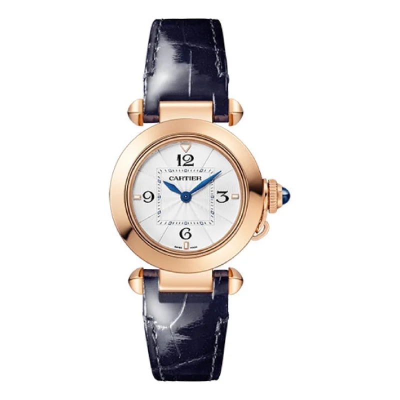 Cartier Watches: Crafted for Every Occasion –Cartier Pasha de Cartier 30mm Women's watch - Ref: WGPA0018 - Silver Roman Dial in 18K Rose Gold Case, Blue Alligator Strap