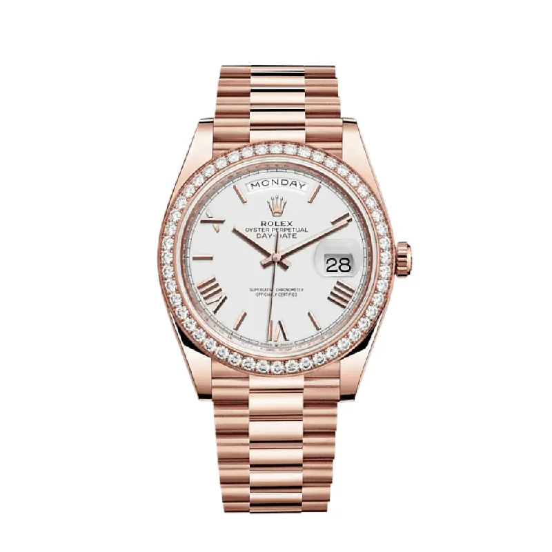 Explore Rolex’s Exclusive Timepiece Collection –Rolex Day-Date 228345RBR Rose Gold Diamond Bezel White Dial