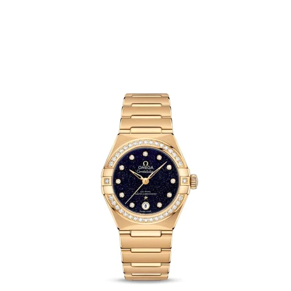 Shop Omega Watches for Enduring Value –Omega Constellation 29mm Watch - Ref: 131.55.29.20.53.002 - Blue Diamond Index Dial & Diamond Bezel, 18K Yellow Gold Bracelet