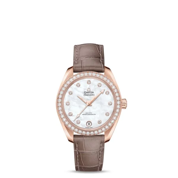 Shop Omega Watches Online –Omega Seamaster 34mm Watch - Ref: 220.58.34.20.55.001 - White Mother of Pearl Diamond Index Dial & Diamond Bezel in 18K Rose Gold Case, Brown Leather Strap