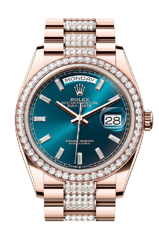 Rolex Watches: Legendary Style and Quality –Rolex Day Date 36 Blue Green Diamond Dial Diamond Bezel Rose Gold President Diamond Bracelet 128345RBR