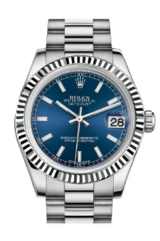 Discover Limited Edition Rolex Watches –Rolex Datejust 31 Blue Dial Fluted Bezel 18K White Gold President Ladies Watch 178279 Pre-owned