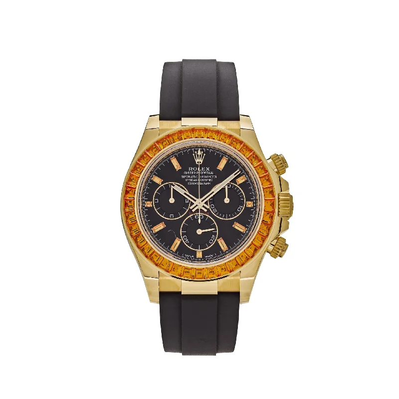 Rolex Watches: Precision Crafted for Luxury –Rolex Daytona 116588SACO Yellow Gold Orange Sapphire Bezel Black Diamond Dial