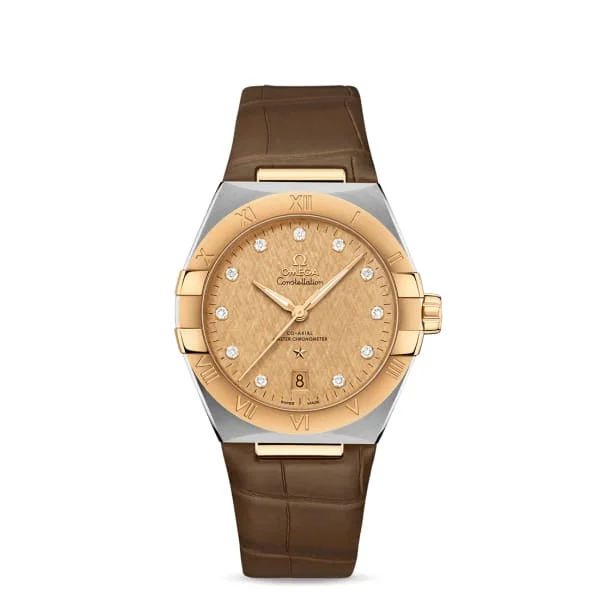 Discover Omega Watches for the Ultimate Luxury Look –Omega Constellation 39mm Watch - Ref: 131.23.39.20.58.001 - Champagne Diamond Index Dial & 18K Yellow Gold Bezel, Brown Leather Strap