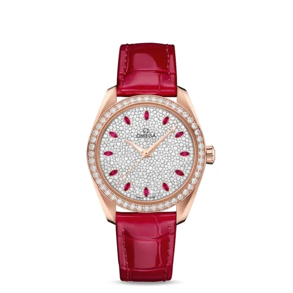 Omega Watches: Designed for Timeless Elegance –Omega Seamaster 38mm Watch - Ref: 220.58.38.20.99.001 - White Pave Diamond Ruby Index Dial & Diamond Bezel in 18K Rose Gold Case, Red Leather Strap