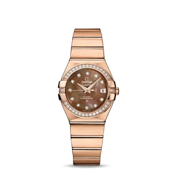 Omega Watches: A Legacy of Swiss Timekeeping –Omega Constellation 27mm Watch - Ref: 123.55.27.20.57.001 - Brown Mother of Pearl Diamond Index Dial & Diamond Bezel, 18K Rose Gold Bracelet