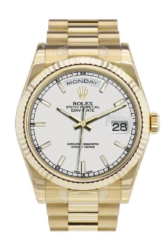 Shop Rolex Watches for Timeless Design and Style –Rolex Day-Date 36 White Dial Fluted Bezel President Yellow Gold Watch 118238