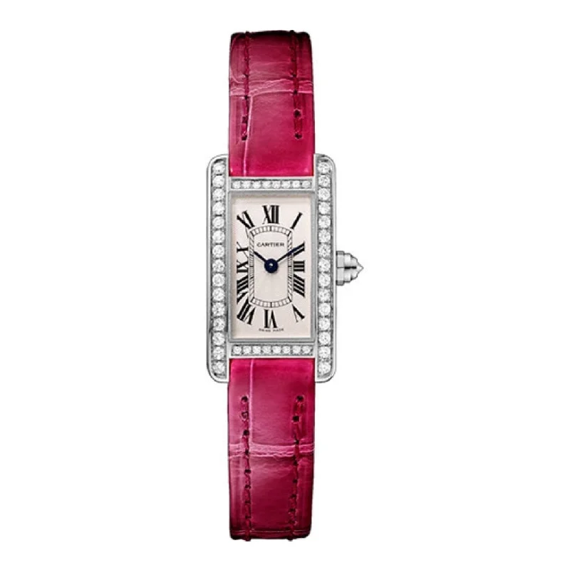 Shop Cartier Watches for Timeless Performance –Cartier Tank Americaine 27mm Women's watch - Ref: WB710015 - Silver Roman Dial & Diamond Bezel in 18K White Gold Case, Pink Leather Strap