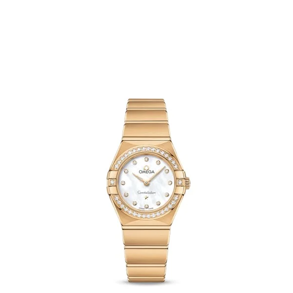 Shop Omega Watches for Iconic Models –Omega Constellation 25mm Watch - Ref: 131.55.25.60.55.002 - White Mother of Pearl Diamond Index Dial & Diamond Bezel, 18K Yellow Gold Bracelet