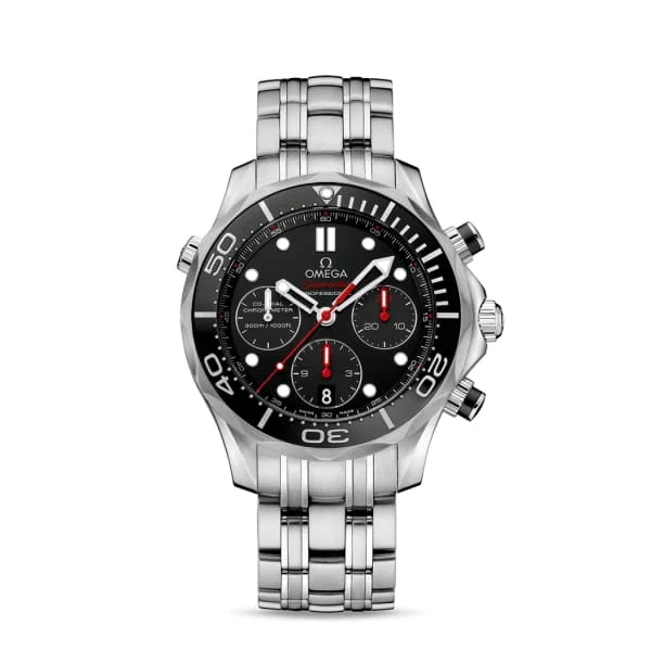 Omega Watches: A Legacy of Luxury –Omega Seamaster 44mm Watch - Ref: 212.30.44.50.01.001 - Black Chronograph Index Dial, Stainless Steel Bracelet