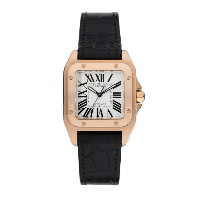 Cartier Watches: A Mark of Distinction –Cartier Santos 100 44.2mm Watch - Ref: W20108Y1 - Silver Roman Dial in 18K Rose Gold Case, Black Leather Strap