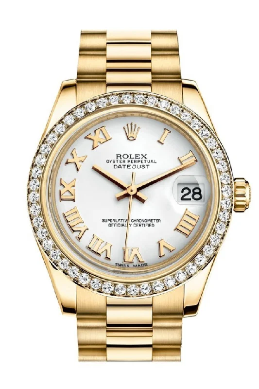 Rolex Watches: Timeless Investment in Luxury –Rolex Datejust 31 White Roman Dial Diamond Bezel 18K Yellow Gold President Ladies Watch 178288 Pre-owned