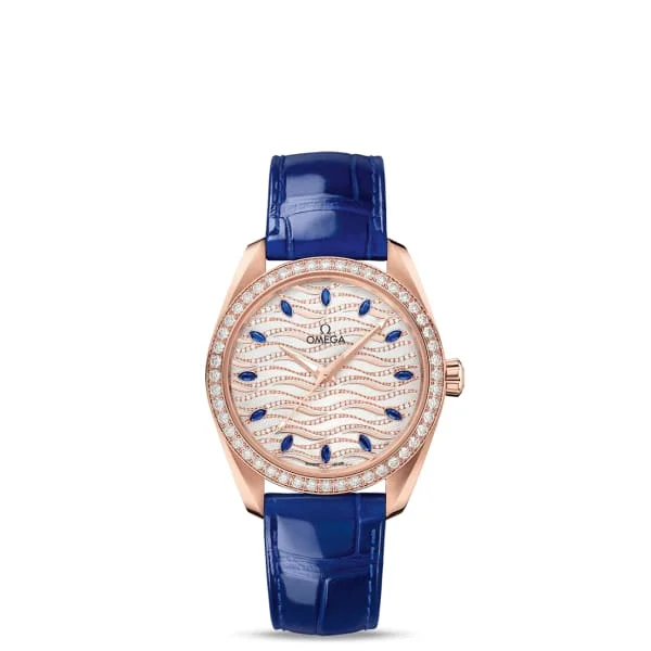 Omega Watches: Swiss Precision and Elegance –Omega Seamaster 38mm Watch - Ref: 220.58.38.20.99.005 - White Pave Diamond Sapphire Index Dial & Diamond Bezel in 18K Rose Gold Case, Blue Leather Strap