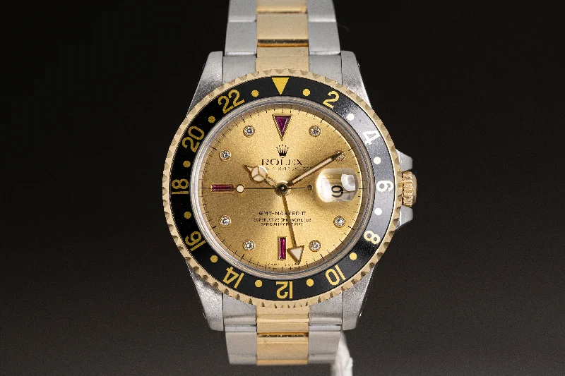 Shop Rolex Watches for Every Lifestyle –1991 Rolex 16713 18k/St GMT Master II Champagne Ruby & Diamond Serti Dial