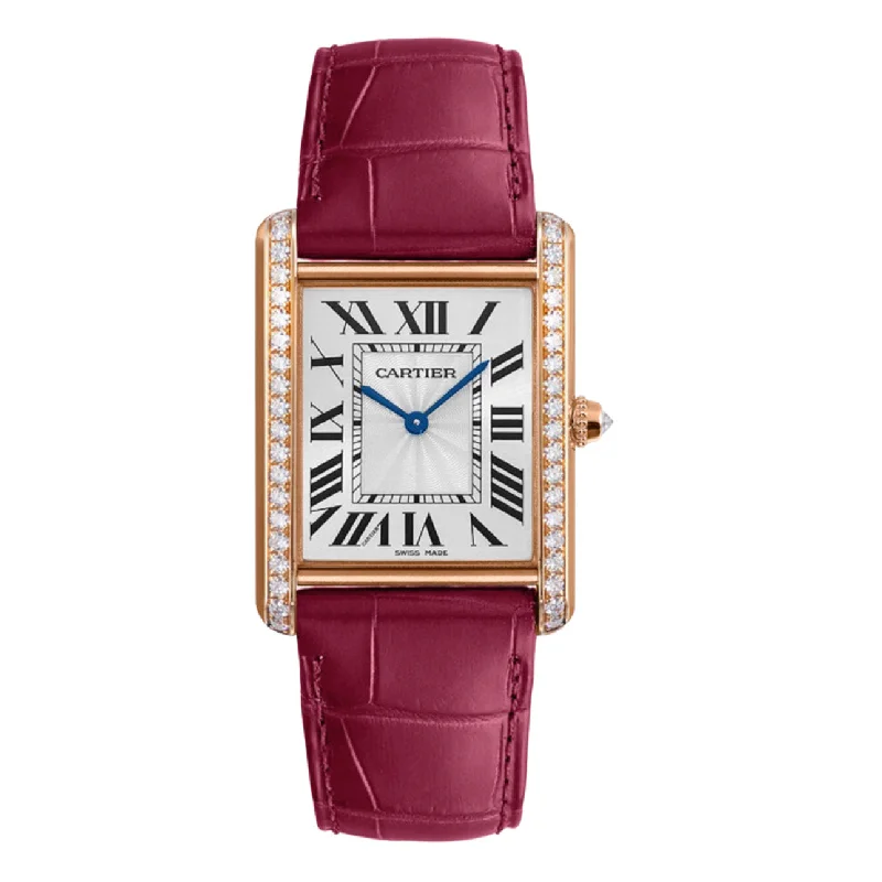 Find Cartier Watches for Every Occasion –Cartier Tank Louis 33.7mm Watch - Ref: WJTA0014 - Silver Roman Dial & Diamond Bezel in 18K Rose Gold Case, Burgundy Leather Strap