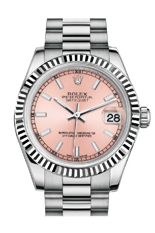 Timeless Rolex Watches for Every Style –Rolex Datejust 31 Pink Dial Fluted Bezel 18K White Gold President Ladies Watch 178279 Pre-owned