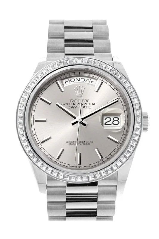 Shop Rolex Watches with Classic Appeal –Rolex Day-Date 36 Silver Dial Diamond Bezel Platinum President Watch 128396TBR