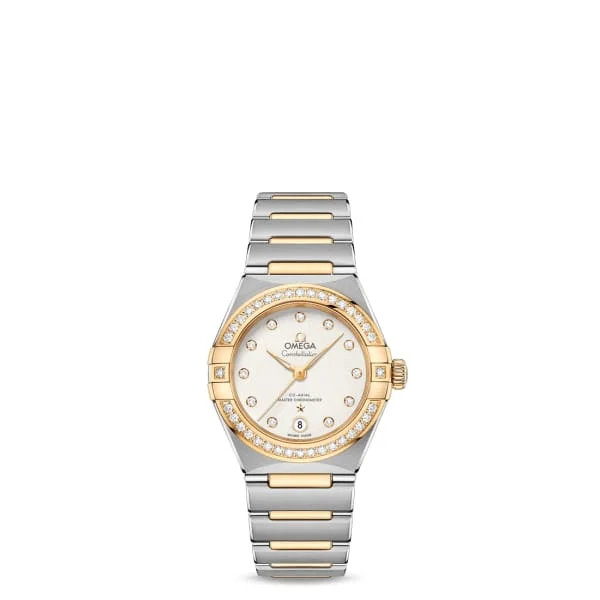 Shop Omega Watches for Timeless Elegance –Omega Constellation 29mm Watch - Ref: 131.25.29.20.52.002 - Silver Diamond Index Dial & Diamond Bezel, Two Tone Stainless Steel & 18K Yellow Gold Bracelet