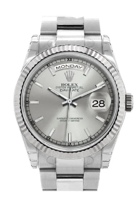 Rolex Watches: Perfect for Every Style –Rolex Day-Date 36 Silver Dial Fluted Bezel Oyster White Gold Watch 118239