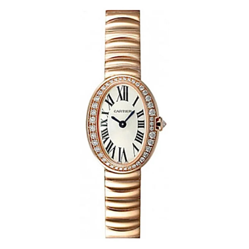 Shop Cartier Watches for Unbeatable Elegance –Cartier Baignoire 25.3mm Women's watch - Ref: WB520026 - Silver Roman Dial & Diamond Bezel, 18K Rose Gold Bracelet