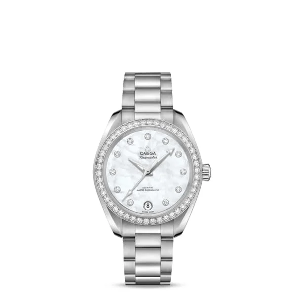 Discover Omega Watches for Ultimate Craftsmanship –Omega Seamaster 34mm Watch - Ref: 220.15.34.20.55.001 - White Mother of Pearl Diamond Index Dial & Diamond Bezel, Stainless Steel Bracelet