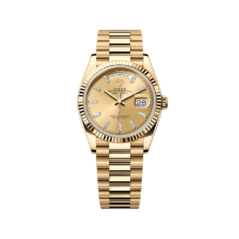 Rolex Watches: The Ultimate Timepiece –Rolex Day-Date 128238 Yellow Gold Champagne Baguette Diamond Marker Dial