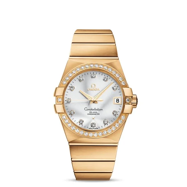 Shop Omega Watches for Rare Collections –Omega Constellation 38mm Watch - Ref: 123.55.38.21.52.002 - Silver Diamond Index Dial & Diamond Bezel, 18K Yellow Gold Bracelet