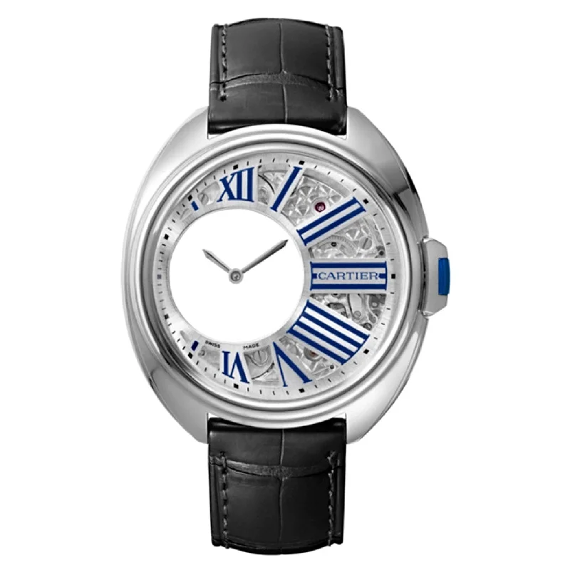 Find Cartier Watches for Every Occasion –Cartier Cle de Cartier 41mm Watch - Ref: WHCL0003 - Silver Openwork Roman Dial in Palladium Case, Black Alligator Strap