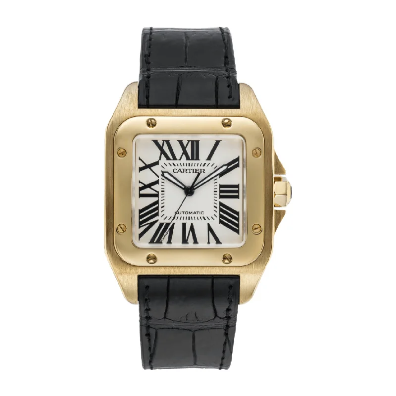 Shop Cartier Watches for the Modern Gentleman –Cartier Santos 100 51.1mm  Watch - Ref: W20071Y1 - Silver Roman Dial in 18K Yellow Gold Case, Black Leather Strap