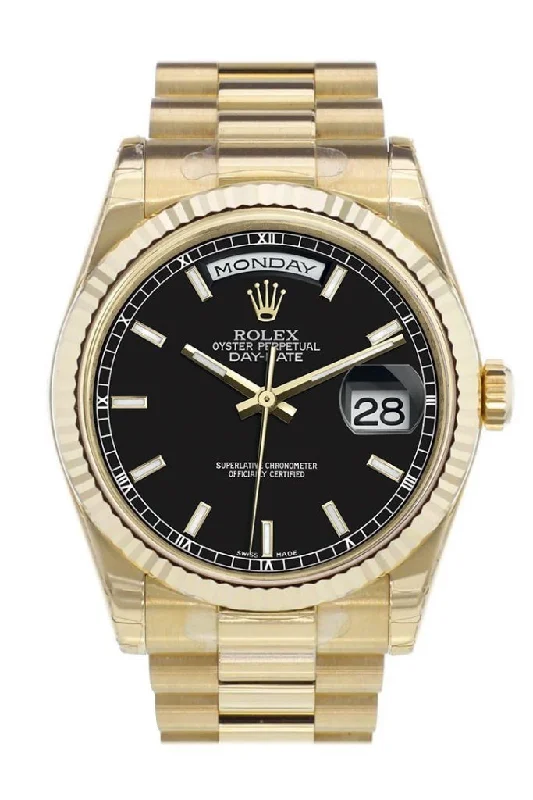 Discover Rolex’s Masterpieces of Watchmaking –Rolex Day-Date 36 Black Dial Fluted Bezel President Yellow Gold Watch 118238